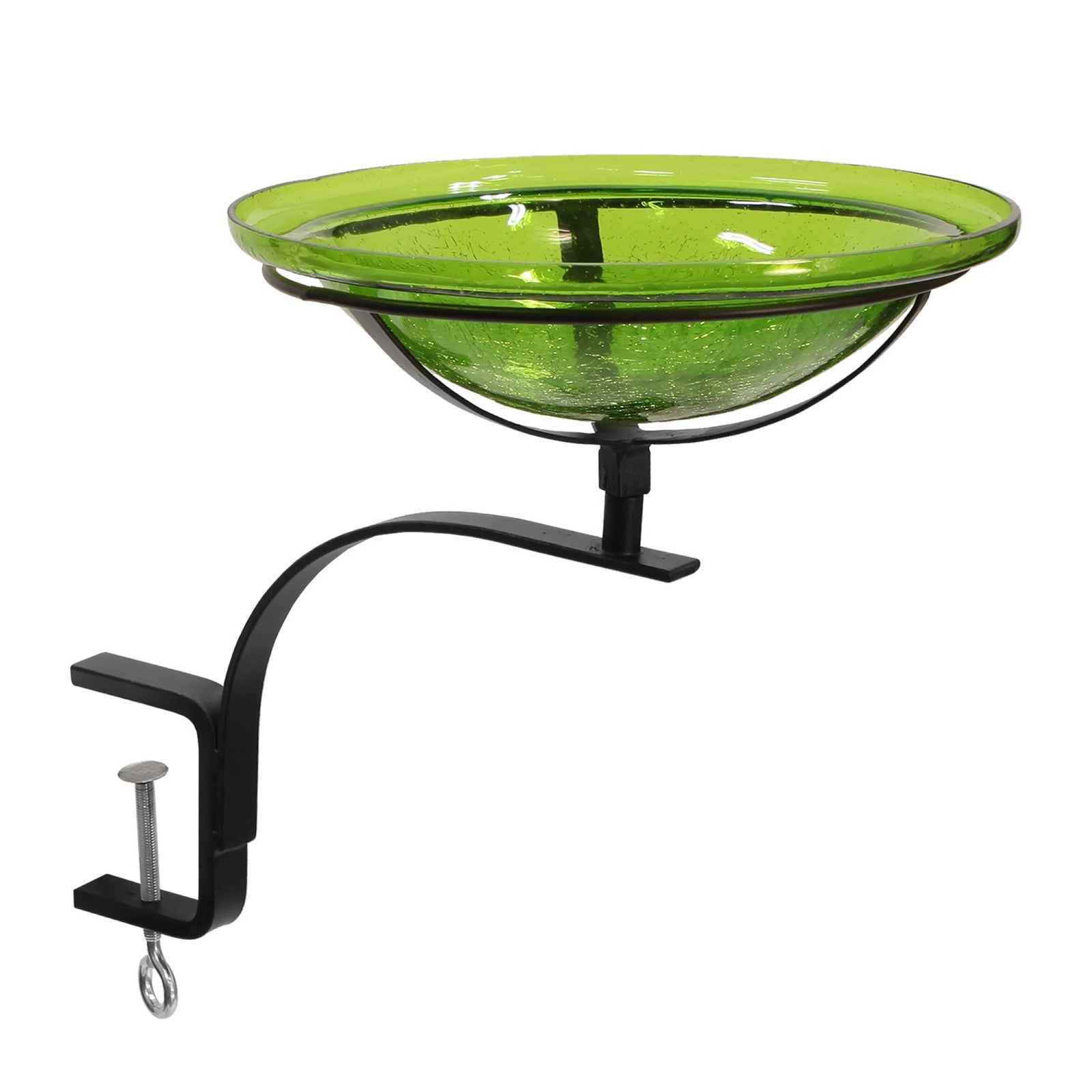 ACHLA 12in Crackle Glass Birdbath with Rail Mount Bracket | Fern Green and Black Wrought Iron | Deck, Balcony & Porch Garden | Model CGB-05FG-RM