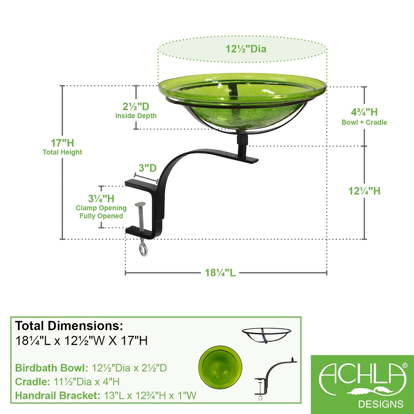 ACHLA 12in Crackle Glass Birdbath with Rail Mount Bracket | Fern Green and Black Wrought Iron | Deck, Balcony & Porch Garden | Model CGB-05FG-RM