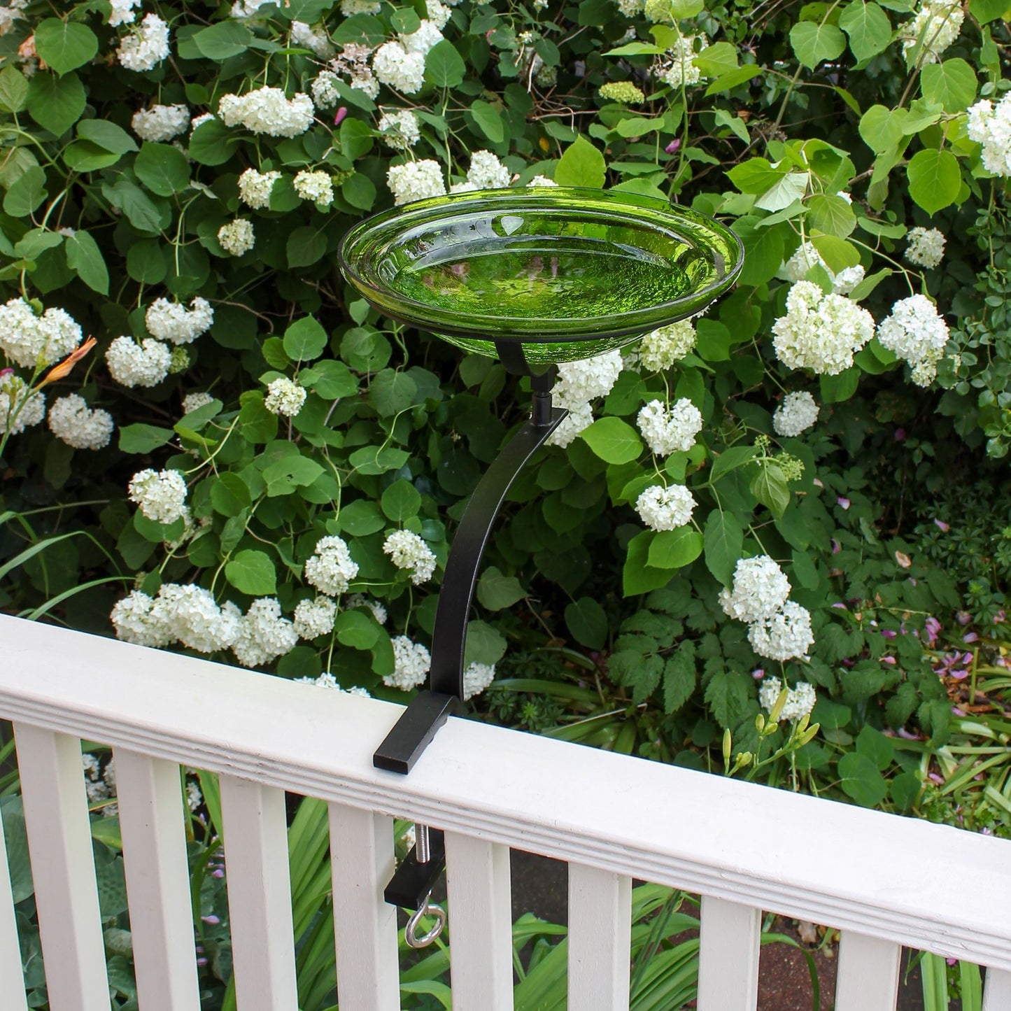 ACHLA 12in Crackle Glass Birdbath with Rail Mount Bracket | Fern Green and Black Wrought Iron | Deck, Balcony & Porch Garden | Model CGB-05FG-RM