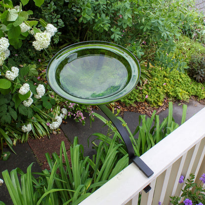ACHLA 12in Crackle Glass Birdbath with Rail Mount Bracket | Fern Green and Black Wrought Iron | Deck, Balcony & Porch Garden | Model CGB-05FG-RM