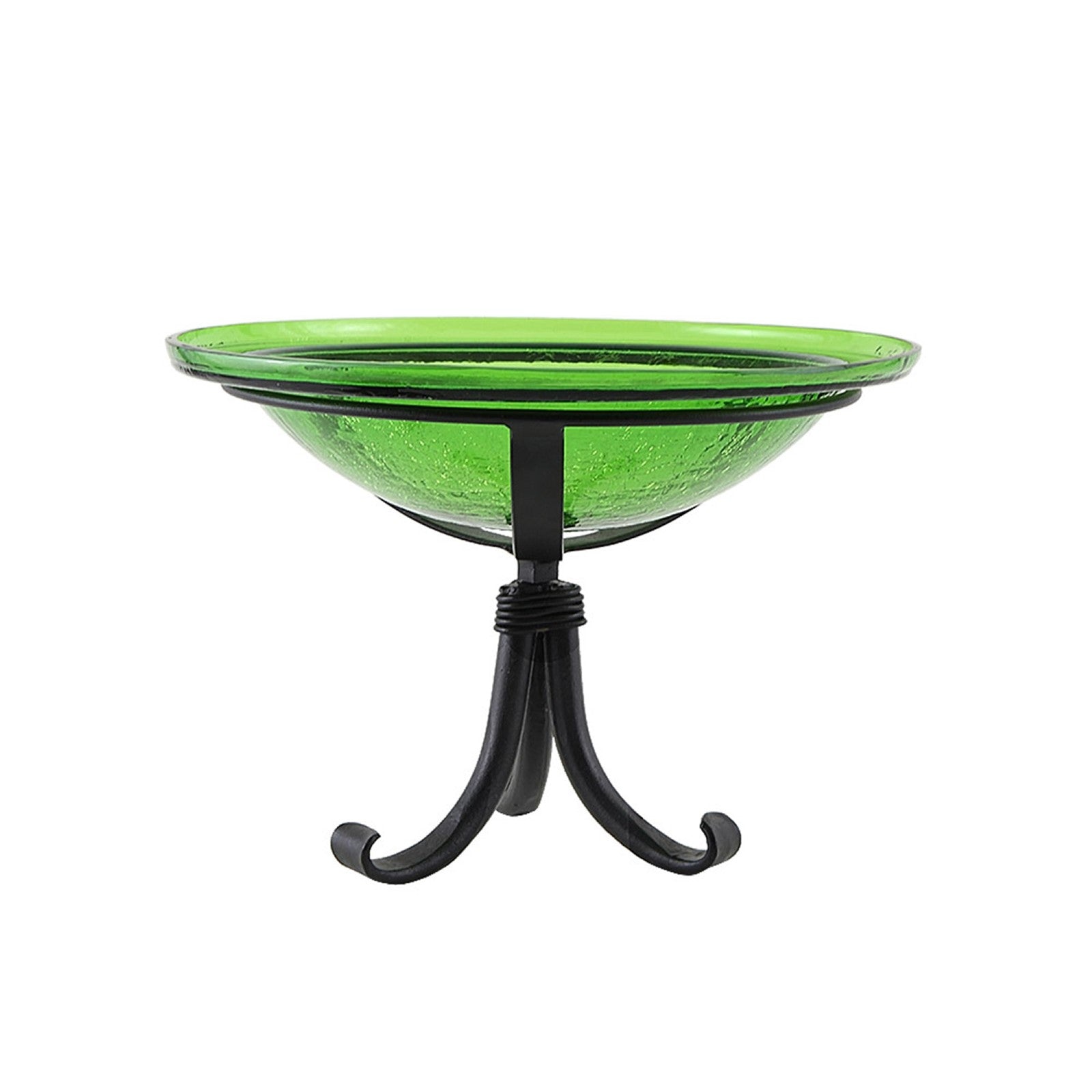 ACHLA 12in Crackle Glass Birdbath with Tripod Stand | Fern Green Hand-Blown Glass and Black Wrought Iron | Garden & Patio Accent | Model CGB-05FG-TR