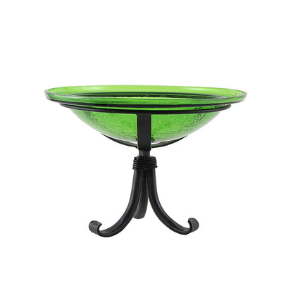 ACHLA 12in Crackle Glass Birdbath with Tripod Stand | Fern Green Hand-Blown Glass and Black Wrought Iron | Garden & Patio Accent | Model CGB-05FG-TR