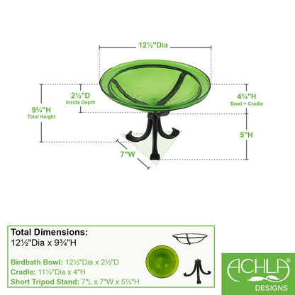 ACHLA 12in Crackle Glass Birdbath with Tripod Stand | Fern Green Hand-Blown Glass and Black Wrought Iron | Garden & Patio Accent | Model CGB-05FG-TR