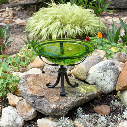 ACHLA 12in Crackle Glass Birdbath with Tripod Stand | Fern Green Hand-Blown Glass and Black Wrought Iron | Garden & Patio Accent | Model CGB-05FG-TR