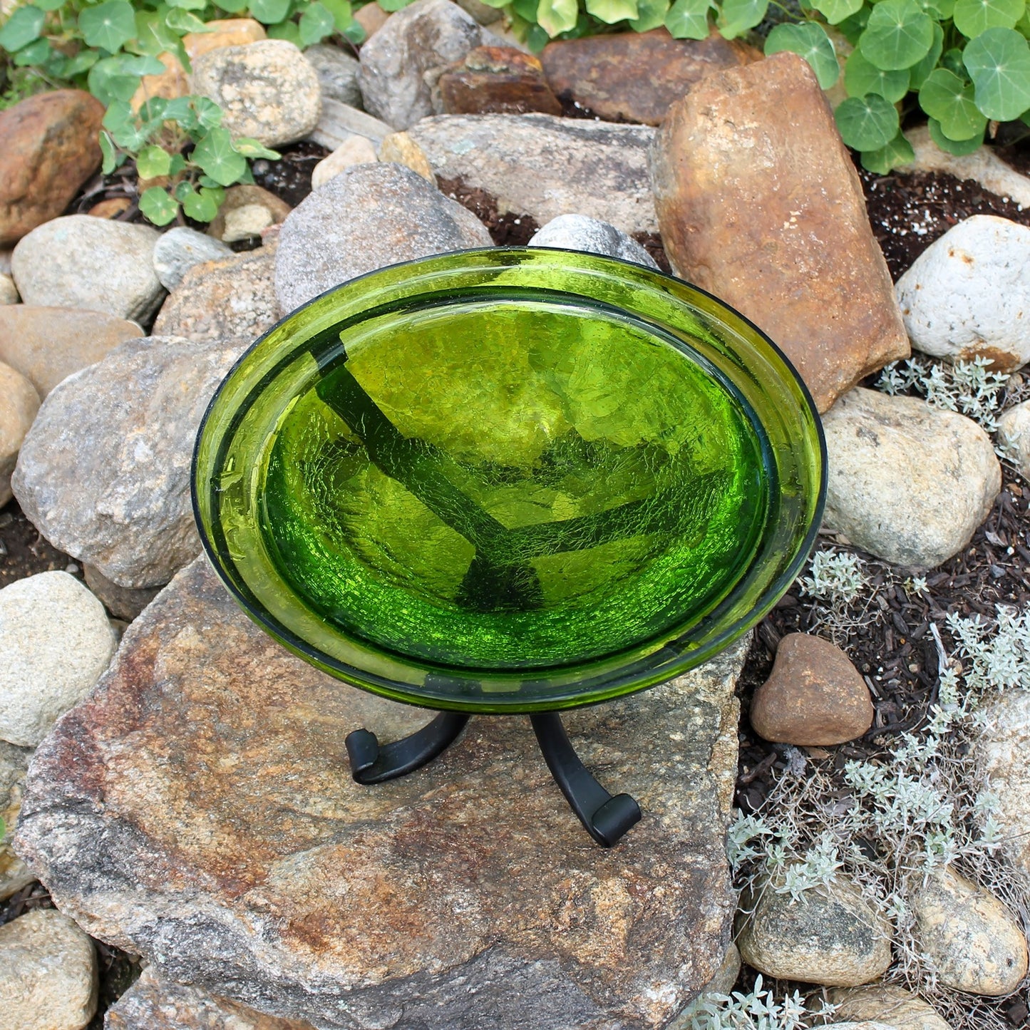 ACHLA 12in Crackle Glass Birdbath with Tripod Stand | Fern Green Hand-Blown Glass and Black Wrought Iron | Garden & Patio Accent | Model CGB-05FG-TR