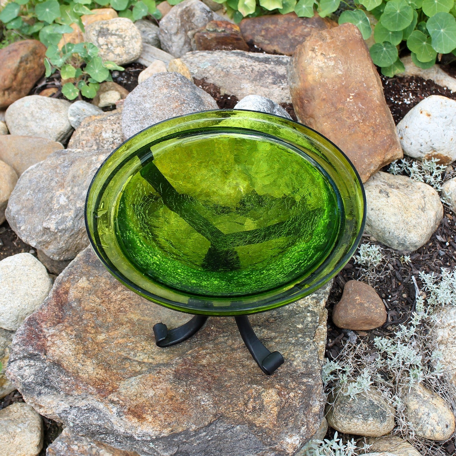 ACHLA 12in Crackle Glass Birdbath with Tripod Stand | Fern Green Hand-Blown Glass and Black Wrought Iron | Garden & Patio Accent | Model CGB-05FG-TR