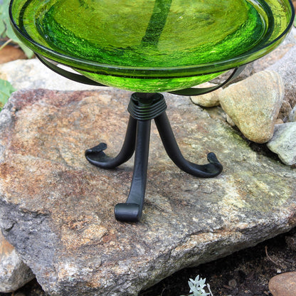ACHLA 12in Crackle Glass Birdbath with Tripod Stand | Fern Green Hand-Blown Glass and Black Wrought Iron | Garden & Patio Accent | Model CGB-05FG-TR