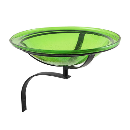 ACHLA 12in Crackle Glass Birdbath | Fern Green Hand-Blown Glass with Black Wrought Iron Bracket | Garden & Patio Bird Bath | Model CGB-05FG-WM