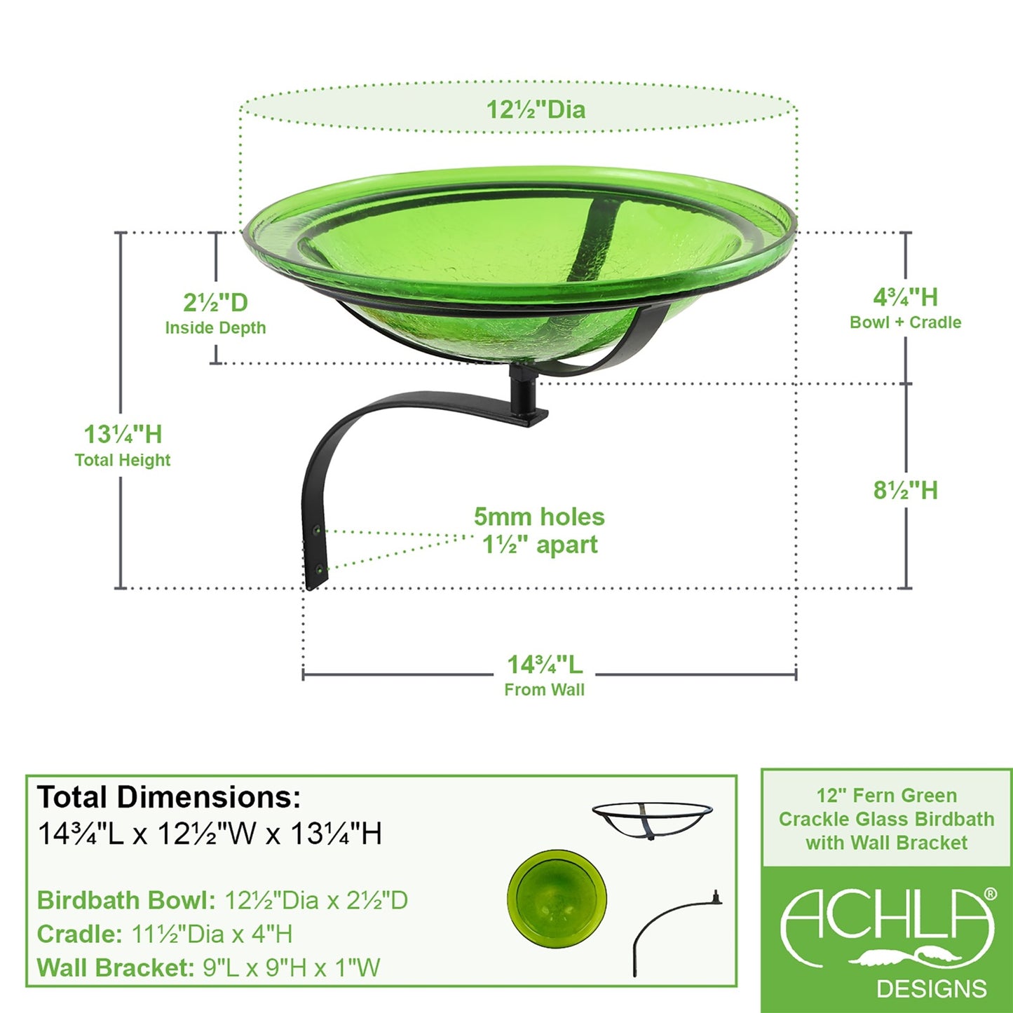 ACHLA 12in Crackle Glass Birdbath | Fern Green Hand-Blown Glass with Black Wrought Iron Bracket | Garden & Patio Bird Bath | Model CGB-05FG-WM