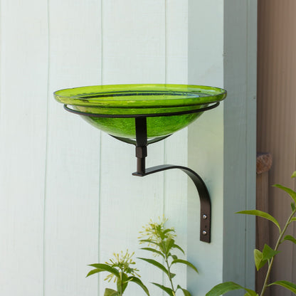ACHLA 12in Crackle Glass Birdbath | Fern Green Hand-Blown Glass with Black Wrought Iron Bracket | Garden & Patio Bird Bath | Model CGB-05FG-WM
