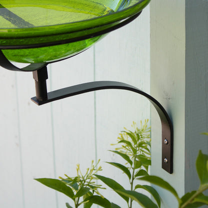 ACHLA 12in Crackle Glass Birdbath | Fern Green Hand-Blown Glass with Black Wrought Iron Bracket | Garden & Patio Bird Bath | Model CGB-05FG-WM