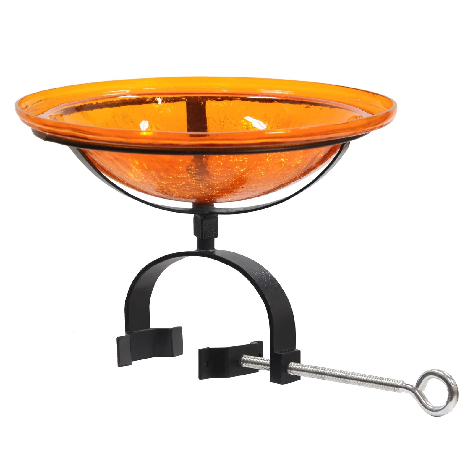 ACHLA 12in Crackle Glass Birdbath with Over Rail Bracket | Mandarin Orange Glass and Black Wrought Iron | Deck, Balcony & Patio | Model CGB-06M-OR2