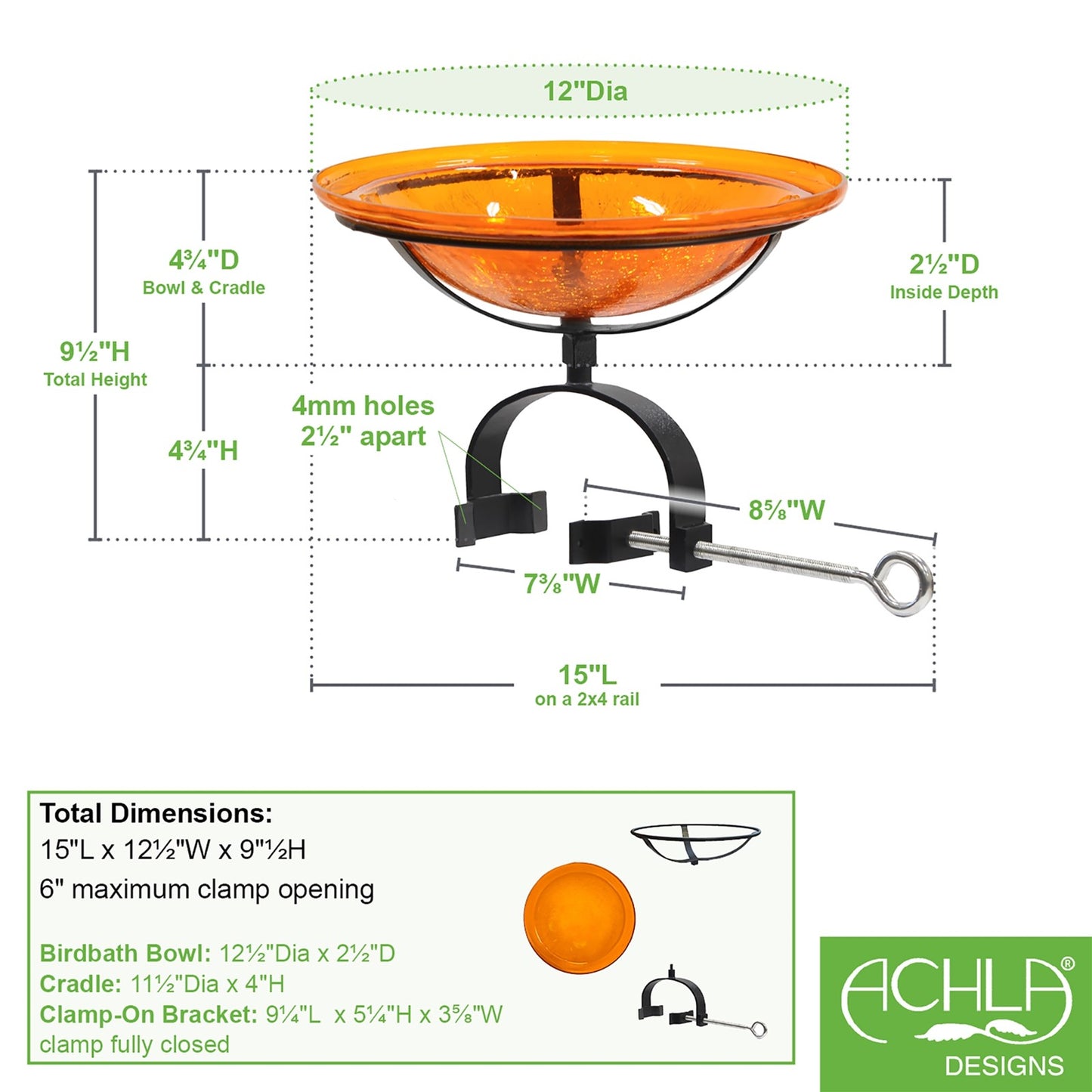 ACHLA 12in Crackle Glass Birdbath with Over Rail Bracket | Mandarin Orange Glass and Black Wrought Iron | Deck, Balcony & Patio | Model CGB-06M-OR2
