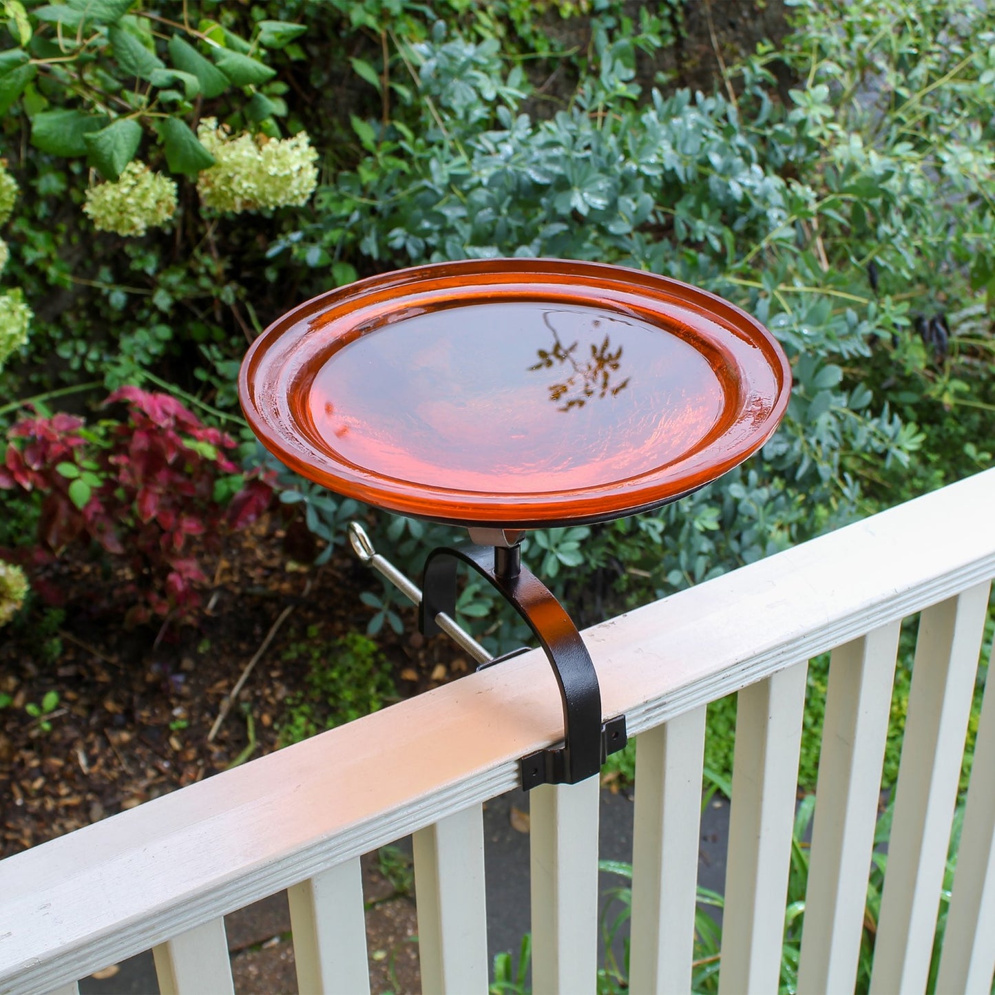 ACHLA 12in Crackle Glass Birdbath with Over Rail Bracket | Mandarin Orange Glass and Black Wrought Iron | Deck, Balcony & Patio | Model CGB-06M-OR2