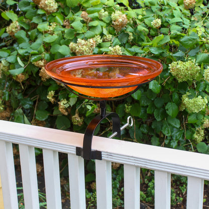 ACHLA 12in Crackle Glass Birdbath with Over Rail Bracket | Mandarin Orange Glass and Black Wrought Iron | Deck, Balcony & Patio | Model CGB-06M-OR2