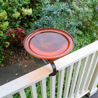 ACHLA 12in Crackle Glass Birdbath with Over Rail Bracket | Mandarin Orange Glass and Black Wrought Iron | Deck, Balcony & Patio | Model CGB-06M-OR2