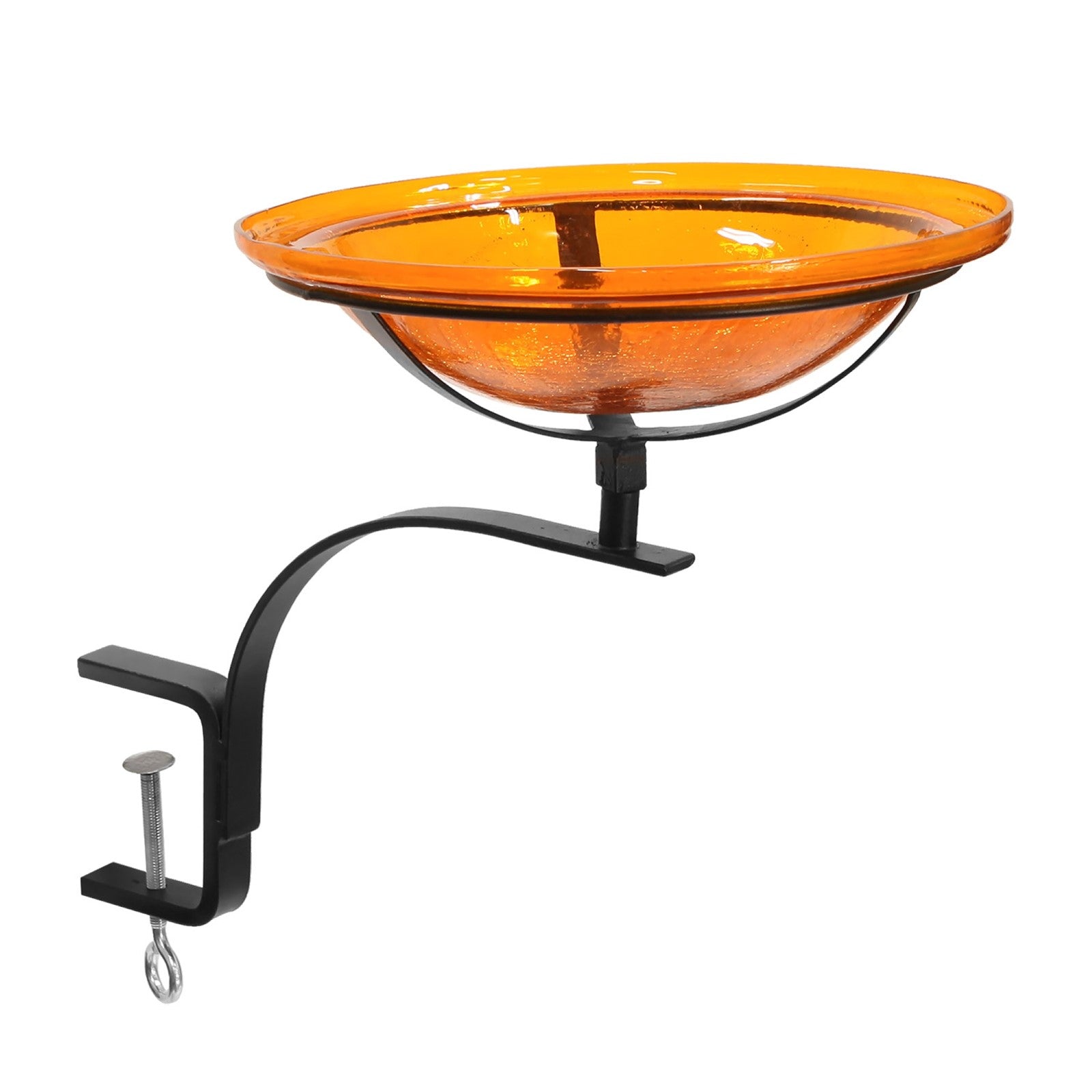ACHLA Crackle Glass Birdbath 12in | Mandarin Orange and Black Wrought Iron | Deck & Balcony Rail Mount | 18 x 12 x 14 in | Model CGB-06M-RM