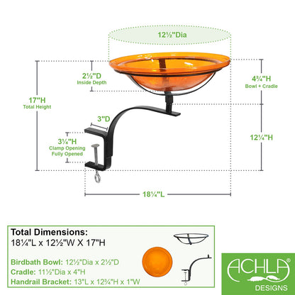 ACHLA Crackle Glass Birdbath 12in | Mandarin Orange and Black Wrought Iron | Deck & Balcony Rail Mount | 18 x 12 x 14 in | Model CGB-06M-RM