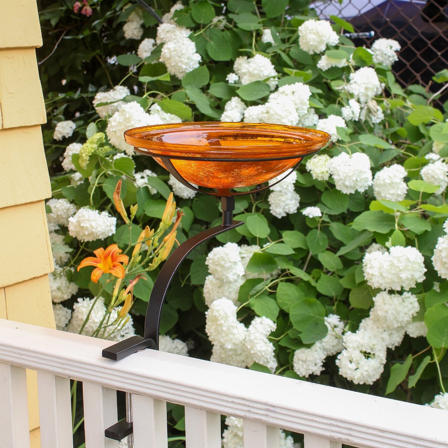 ACHLA Crackle Glass Birdbath 12in | Mandarin Orange and Black Wrought Iron | Deck & Balcony Rail Mount | 18 x 12 x 14 in | Model CGB-06M-RM