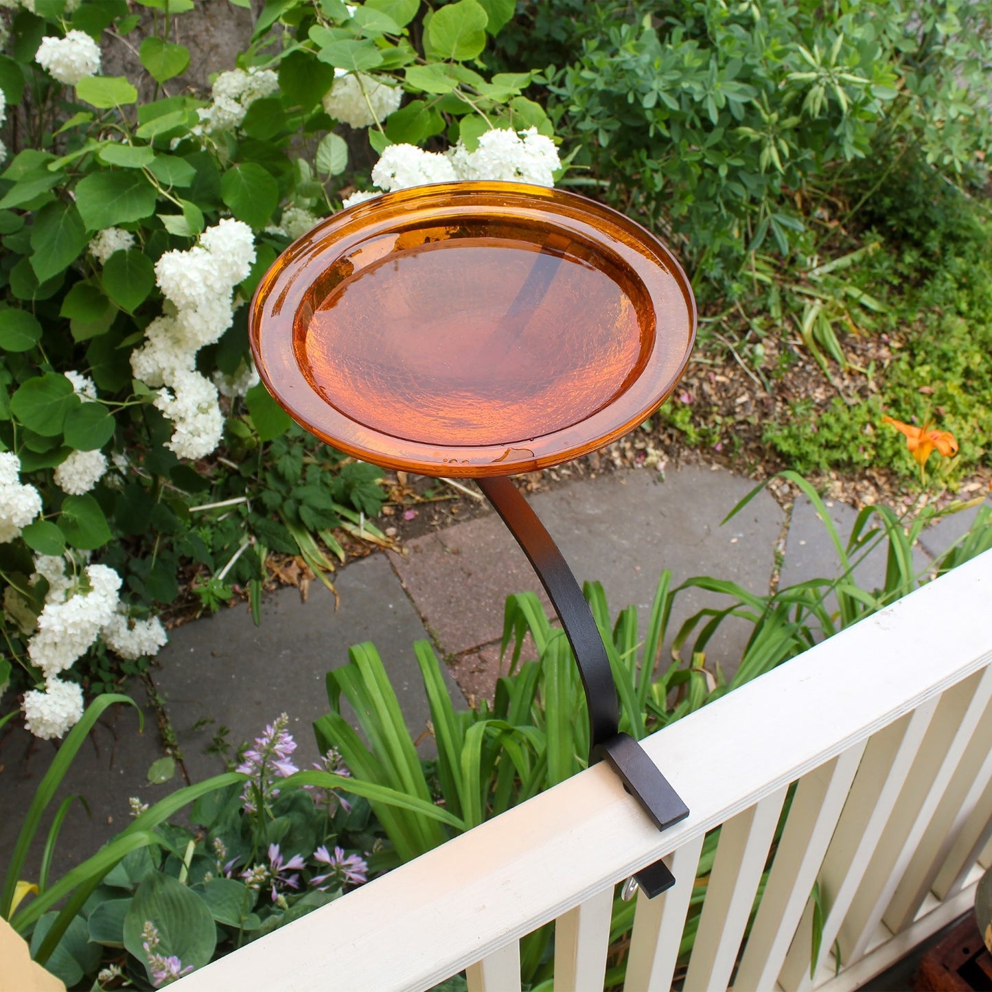 ACHLA Crackle Glass Birdbath 12in | Mandarin Orange and Black Wrought Iron | Deck & Balcony Rail Mount | 18 x 12 x 14 in | Model CGB-06M-RM