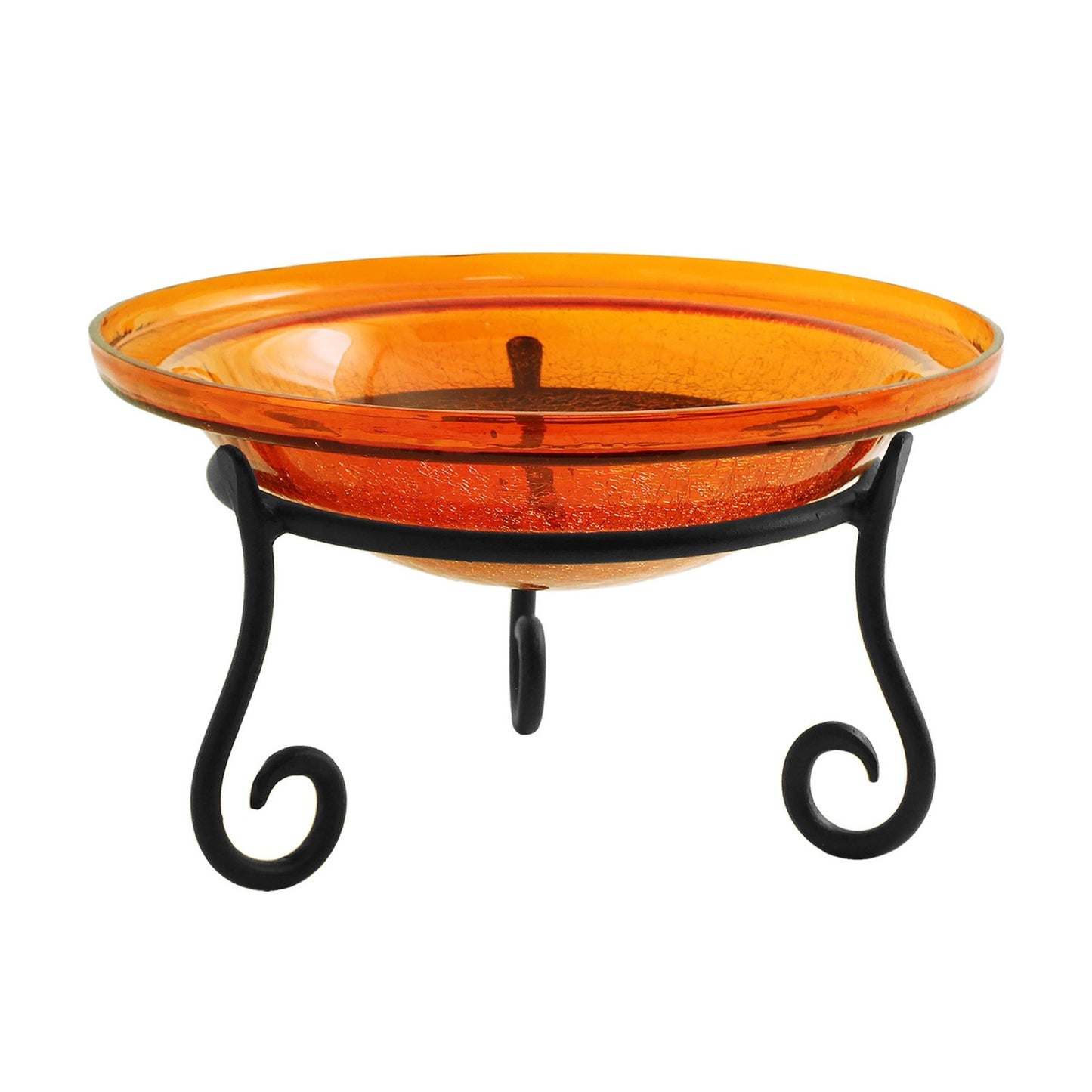 ACHLA 12in Crackle Glass Birdbath with Stand | Mandarin Orange Glass and Black Wrought Iron | Garden & Patio Decor | 12 x 12 x 7 in | Model CGB-06M-S1