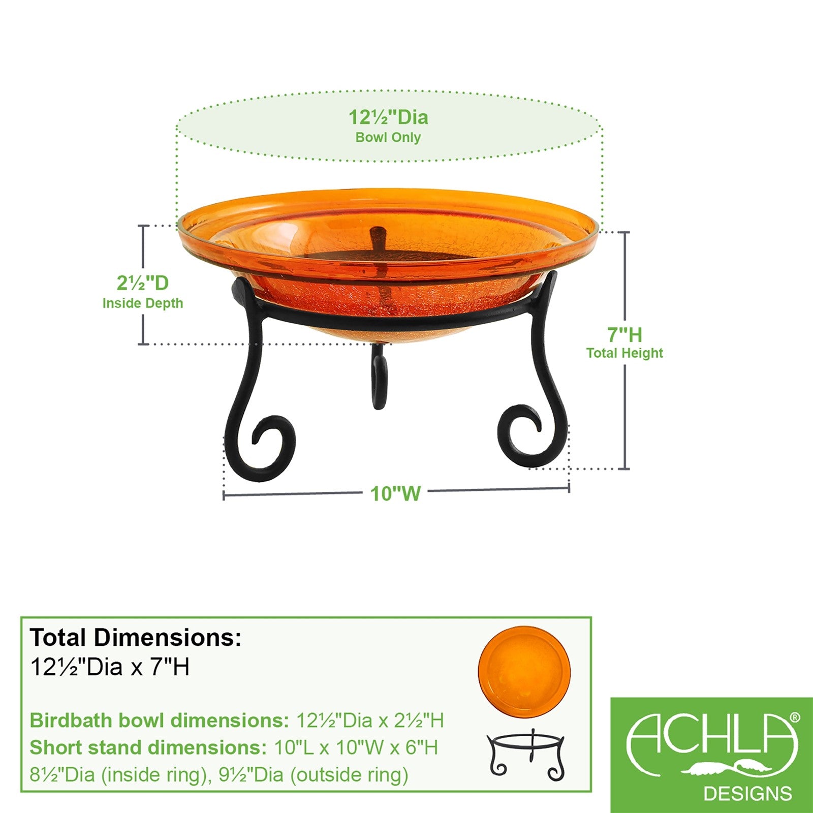 ACHLA 12in Crackle Glass Birdbath with Stand | Mandarin Orange Glass and Black Wrought Iron | Garden & Patio Decor | 12 x 12 x 7 in | Model CGB-06M-S1