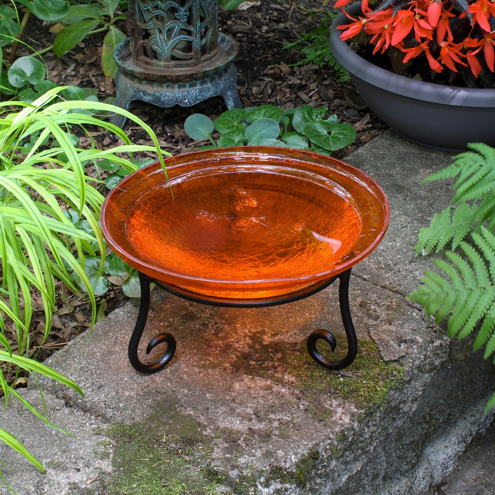 ACHLA 12in Crackle Glass Birdbath with Stand | Mandarin Orange Glass and Black Wrought Iron | Garden & Patio Decor | 12 x 12 x 7 in | Model CGB-06M-S1