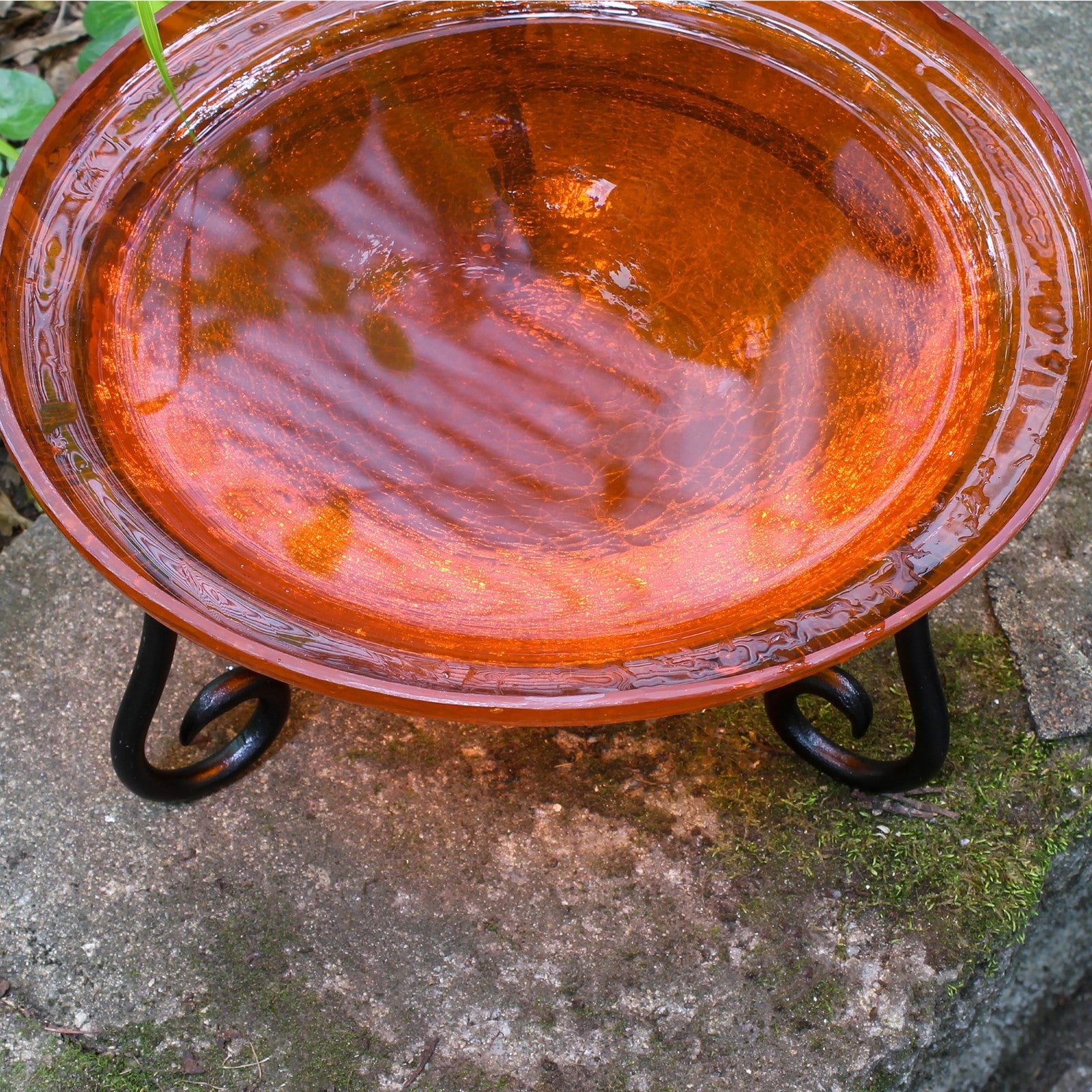 ACHLA 12in Crackle Glass Birdbath with Stand | Mandarin Orange Glass and Black Wrought Iron | Garden & Patio Decor | 12 x 12 x 7 in | Model CGB-06M-S1