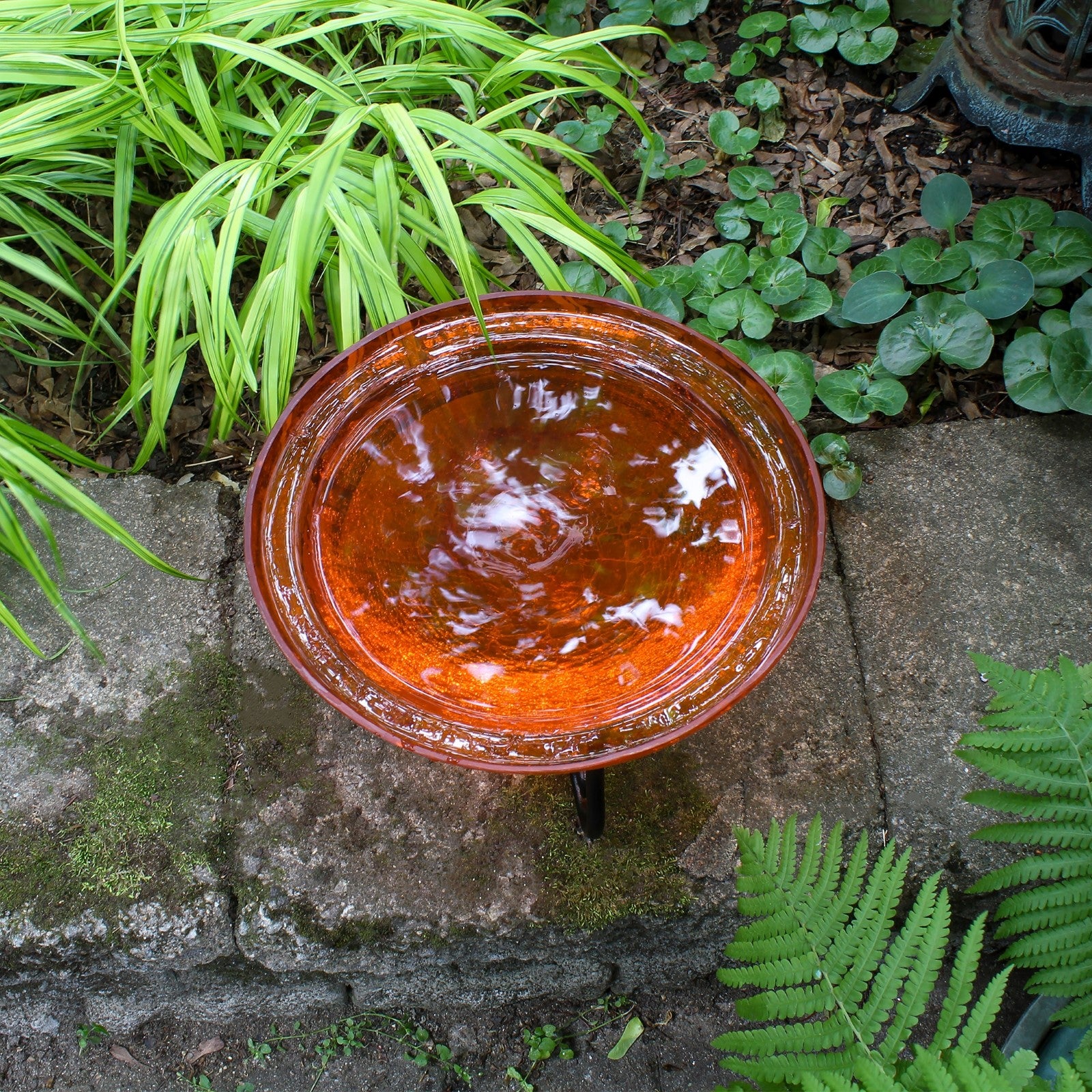 ACHLA 12in Crackle Glass Birdbath with Stand | Mandarin Orange Glass and Black Wrought Iron | Garden & Patio Decor | 12 x 12 x 7 in | Model CGB-06M-S1