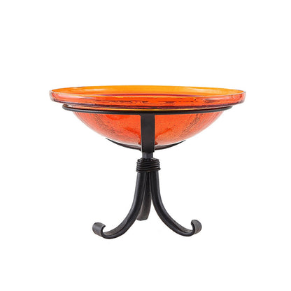 ACHLA 12in Crackle Glass Birdbath with Tripod Stand | Hand-Blown Mandarin Orange Glass and Black Wrought Iron | Garden & Patio Bird | Model CGB-06M-TR