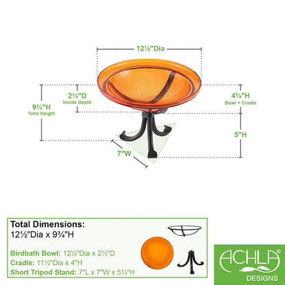 ACHLA 12in Crackle Glass Birdbath with Tripod Stand | Hand-Blown Mandarin Orange Glass and Black Wrought Iron | Garden & Patio Bird | Model CGB-06M-TR