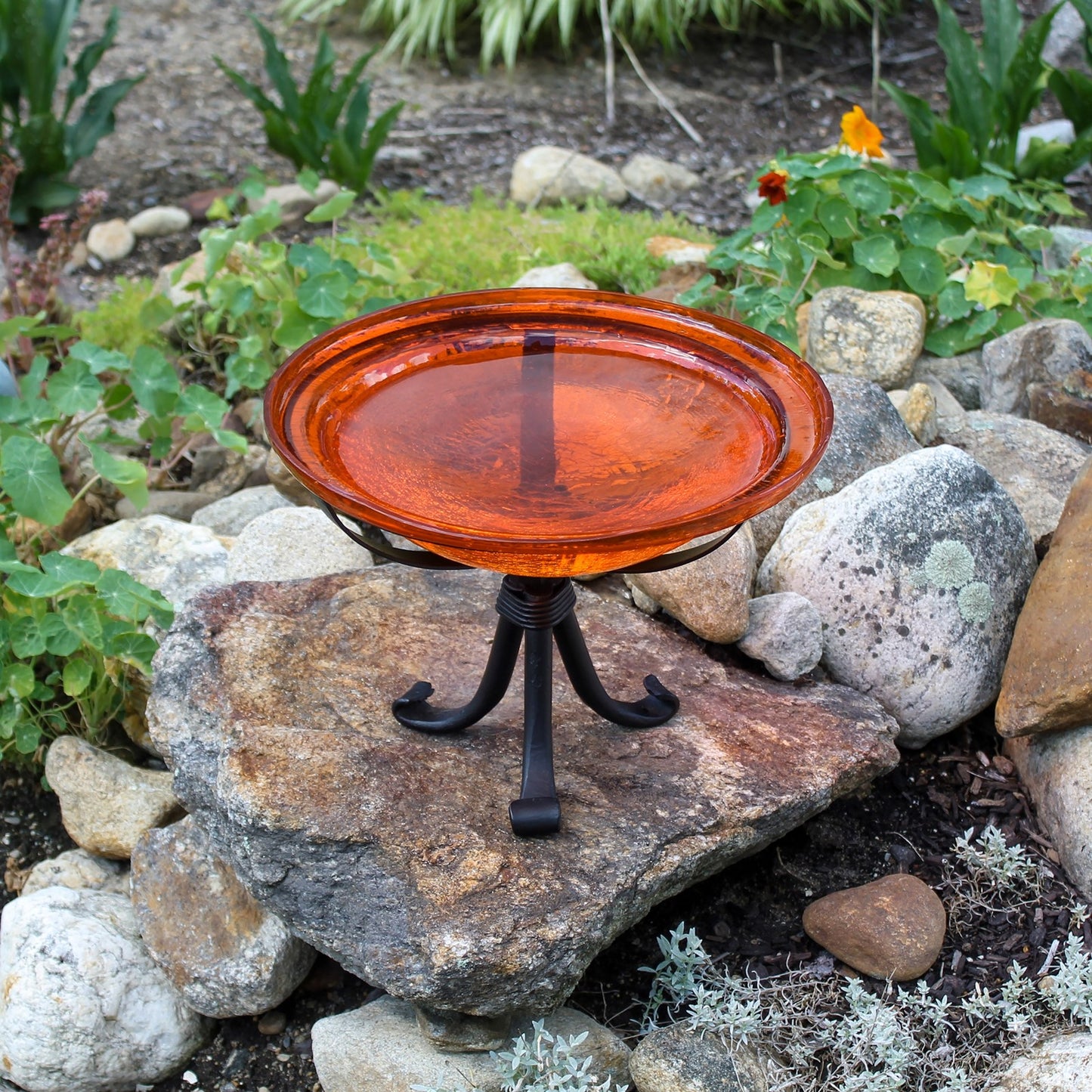 ACHLA 12in Crackle Glass Birdbath with Tripod Stand | Hand-Blown Mandarin Orange Glass and Black Wrought Iron | Garden & Patio Bird | Model CGB-06M-TR