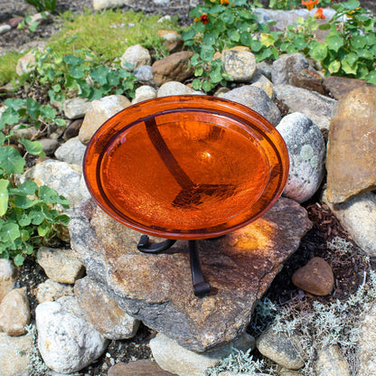 ACHLA 12in Crackle Glass Birdbath with Tripod Stand | Hand-Blown Mandarin Orange Glass and Black Wrought Iron | Garden & Patio Bird | Model CGB-06M-TR