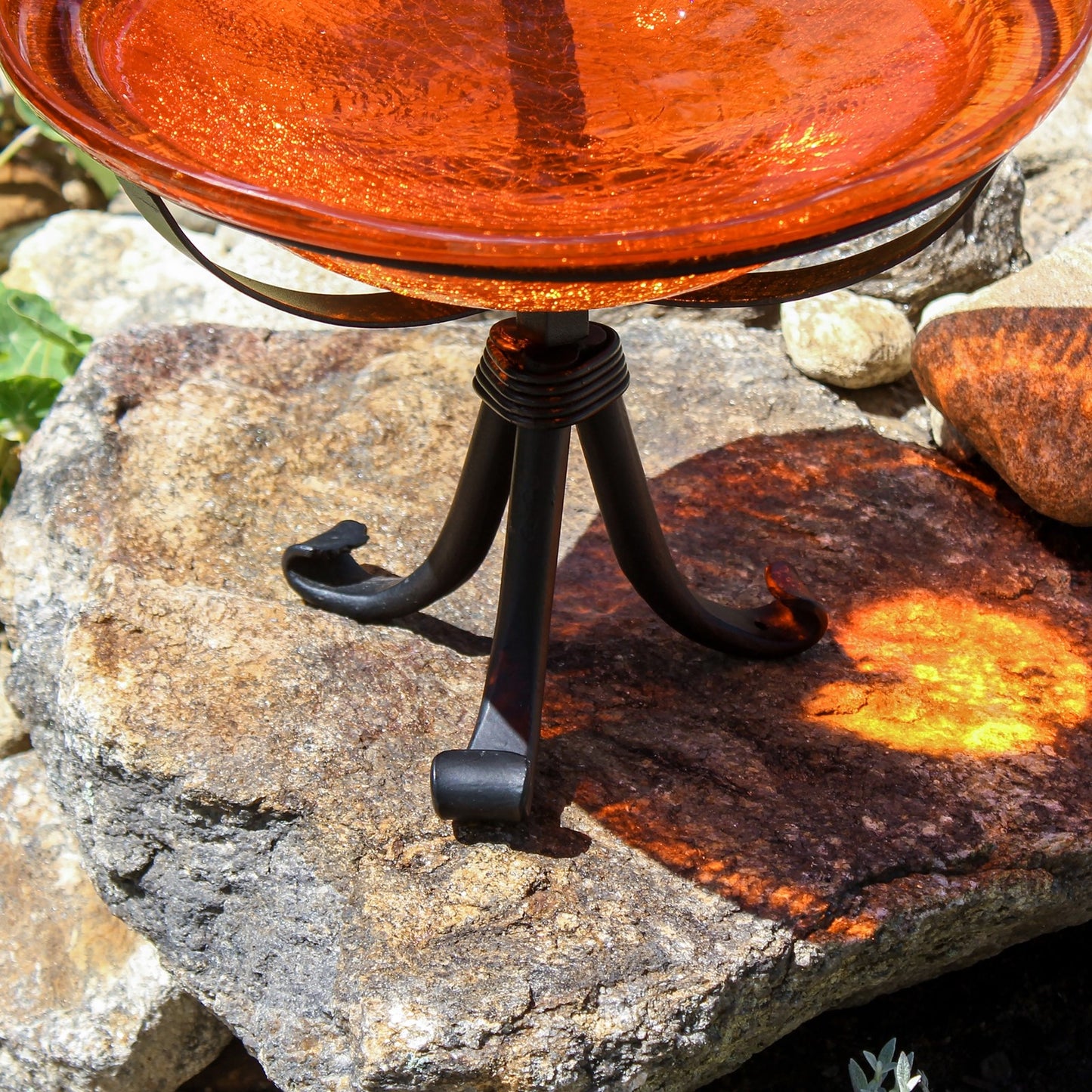 ACHLA 12in Crackle Glass Birdbath with Tripod Stand | Hand-Blown Mandarin Orange Glass and Black Wrought Iron | Garden & Patio Bird | Model CGB-06M-TR
