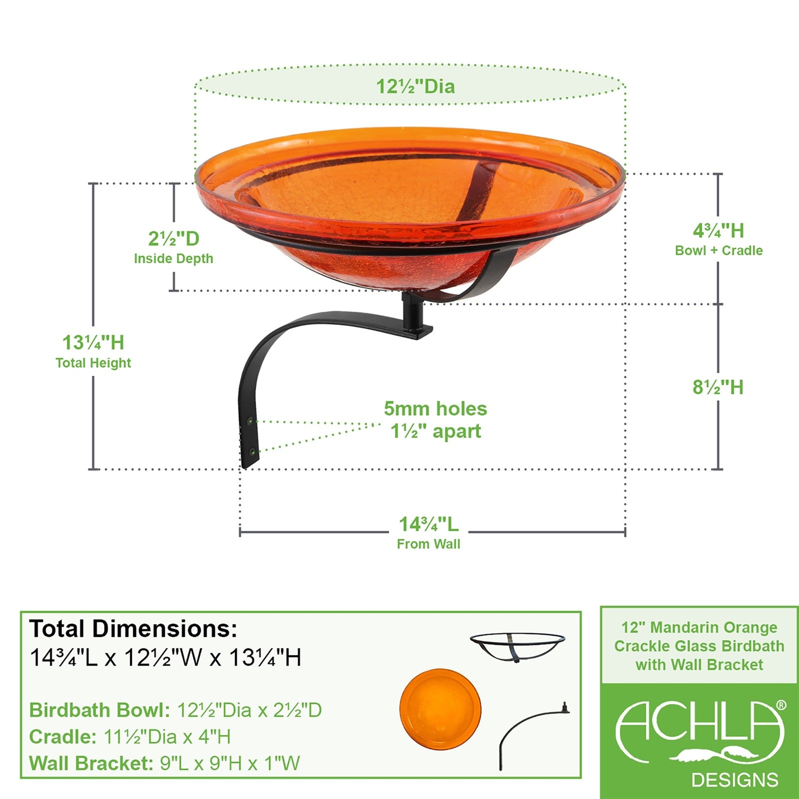 ACHLA Crackle Glass Birdbath 12in | Mandarin Orange Hand-Blown Glass and Black Wrought Iron | Garden & Patio Accent | Model CGB-06M-WM