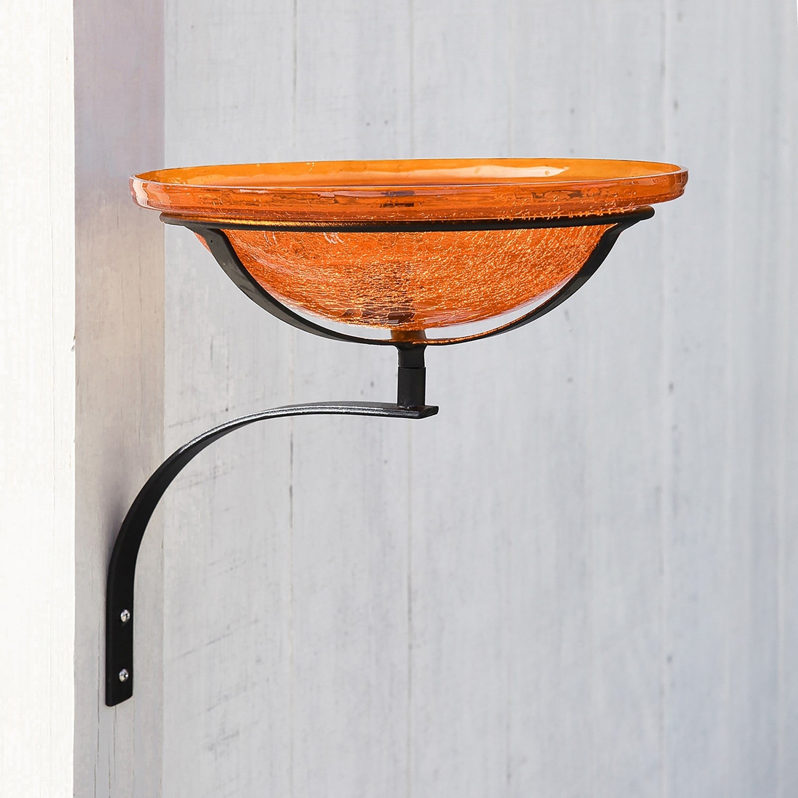 ACHLA Crackle Glass Birdbath 12in | Mandarin Orange Hand-Blown Glass and Black Wrought Iron | Garden & Patio Accent | Model CGB-06M-WM