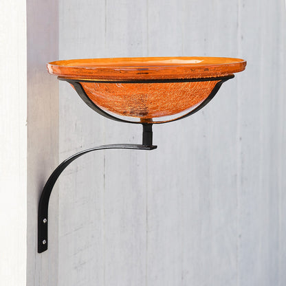 ACHLA Crackle Glass Birdbath 12in | Mandarin Orange Hand-Blown Glass and Black Wrought Iron | Garden & Patio Accent | Model CGB-06M-WM