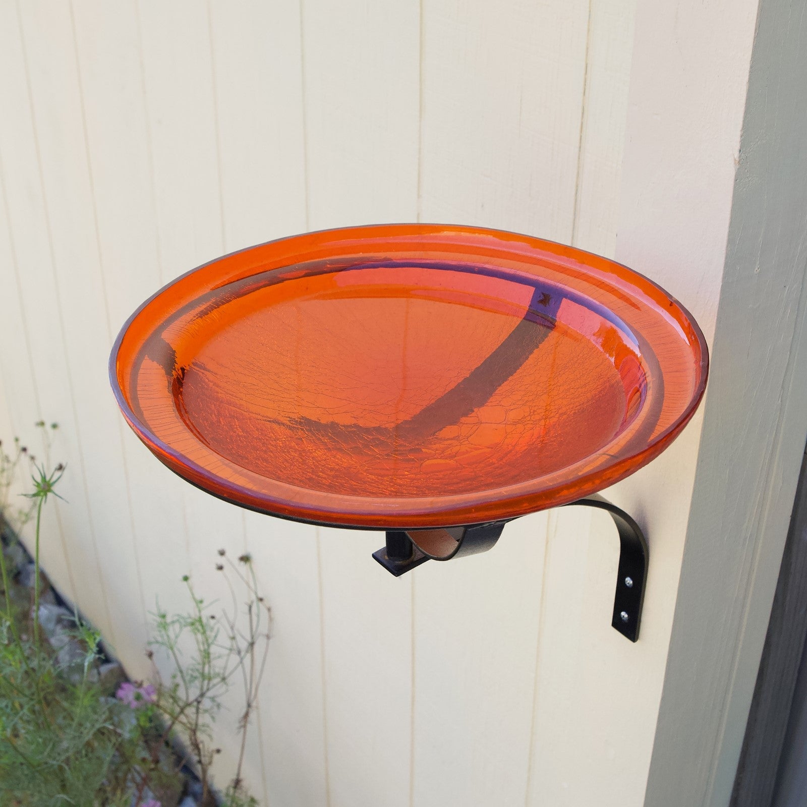 ACHLA Crackle Glass Birdbath 12in | Mandarin Orange Hand-Blown Glass and Black Wrought Iron | Garden & Patio Accent | Model CGB-06M-WM