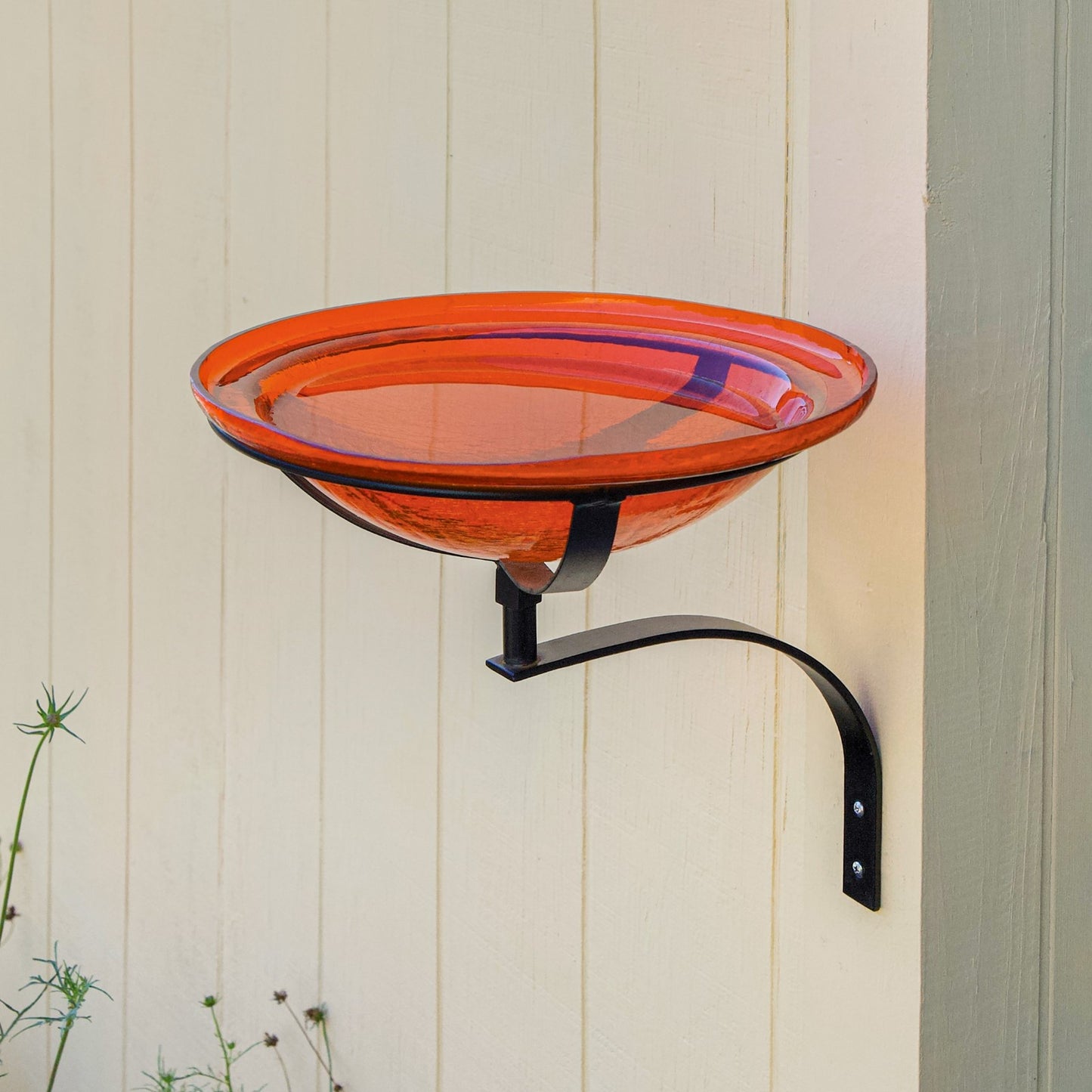 ACHLA Crackle Glass Birdbath 12in | Mandarin Orange Hand-Blown Glass and Black Wrought Iron | Garden & Patio Accent | Model CGB-06M-WM
