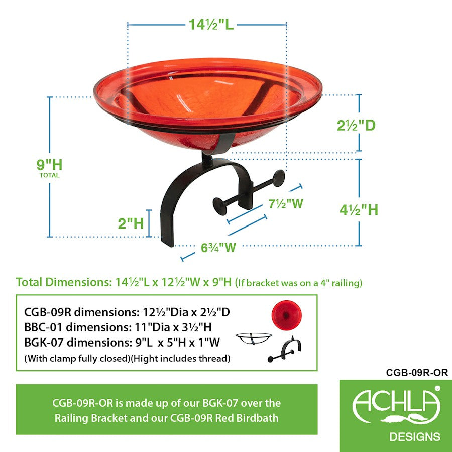 ACHLA 12" Crackle Bowl with Over Rail Bracket, Red