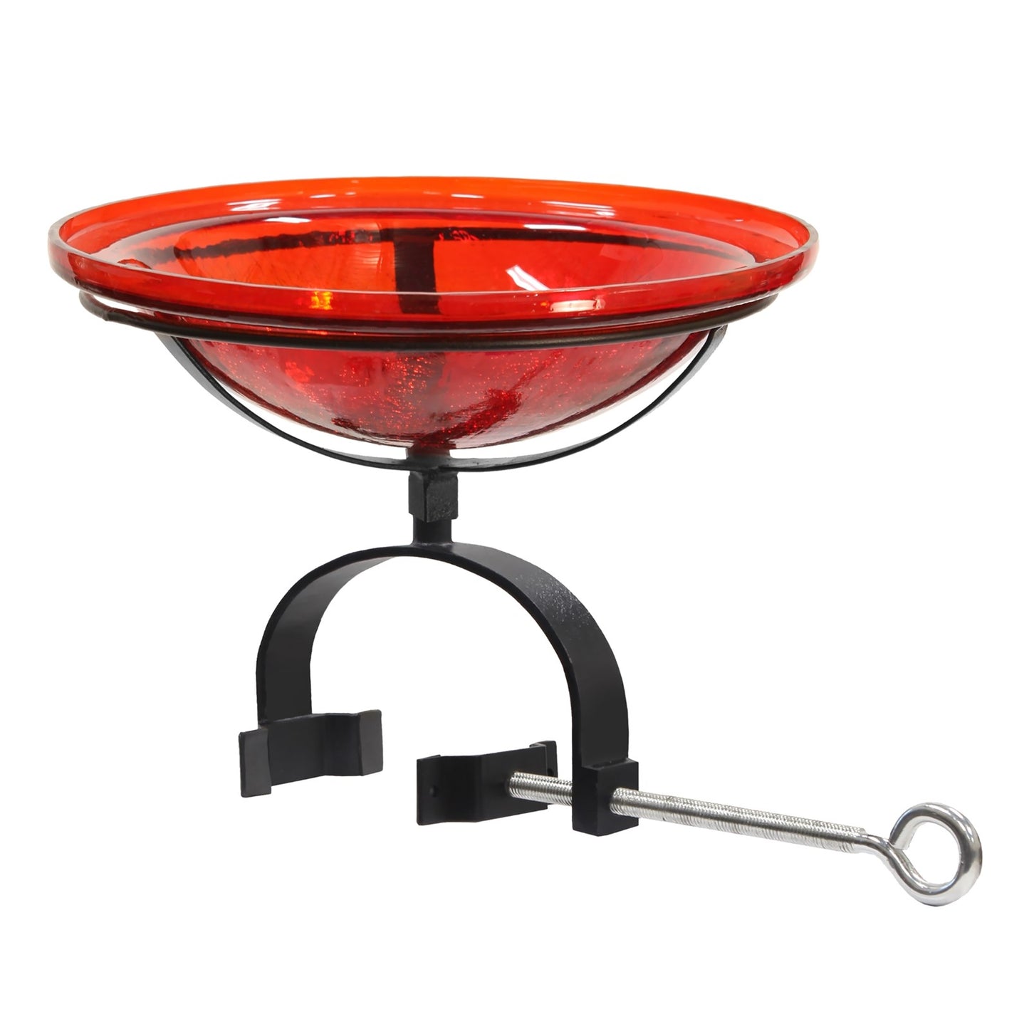 ACHLA Crackle Glass Birdbath with Over Rail Bracket | Hand-Blown Red Glass and Black Wrought Iron | Deck, Balcony & Patio Bird | Model CGB-09R-OR2