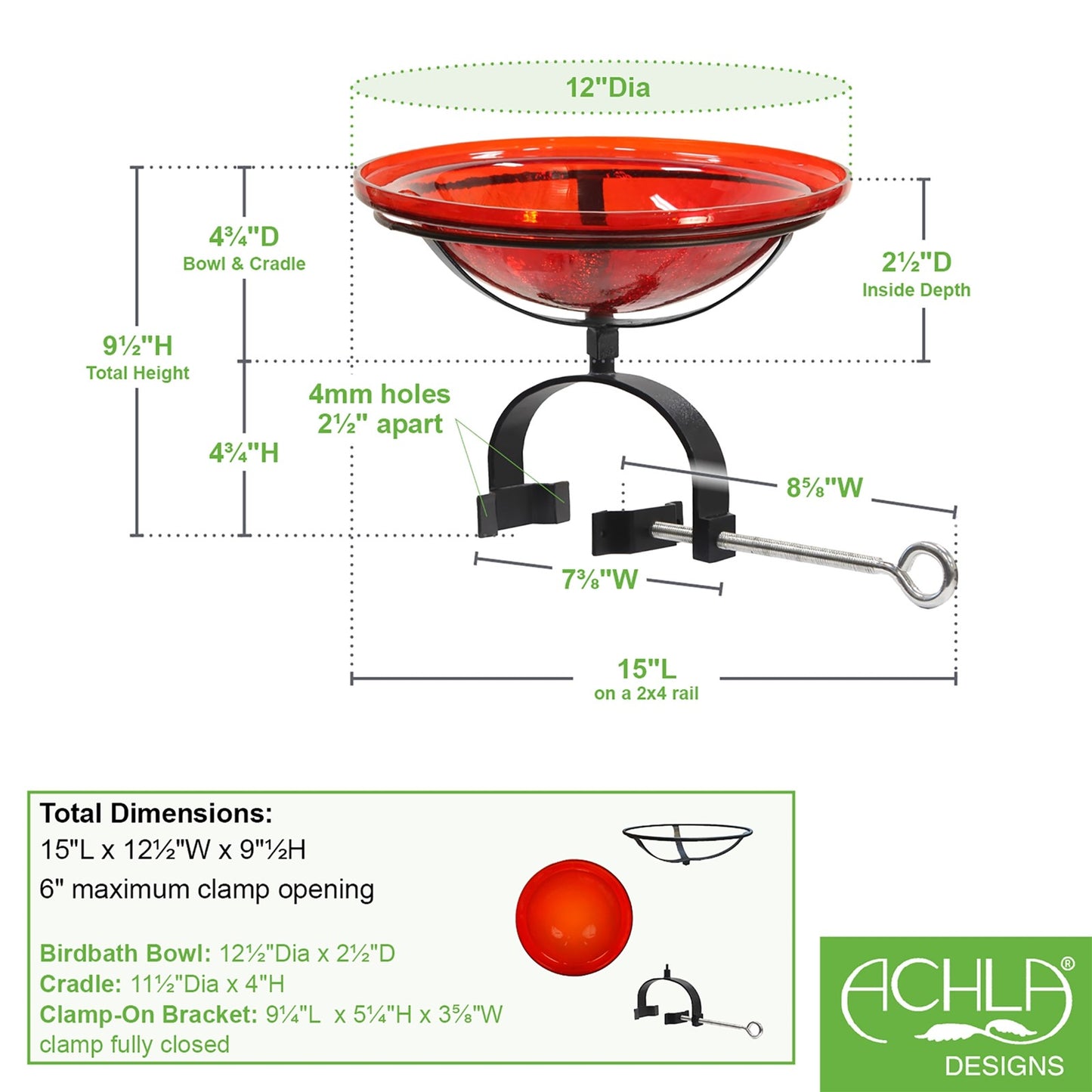 ACHLA Crackle Glass Birdbath with Over Rail Bracket | Hand-Blown Red Glass and Black Wrought Iron | Deck, Balcony & Patio Bird | Model CGB-09R-OR2