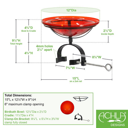 ACHLA Crackle Glass Birdbath with Over Rail Bracket | Hand-Blown Red Glass and Black Wrought Iron | Deck, Balcony & Patio Bird | Model CGB-09R-OR2
