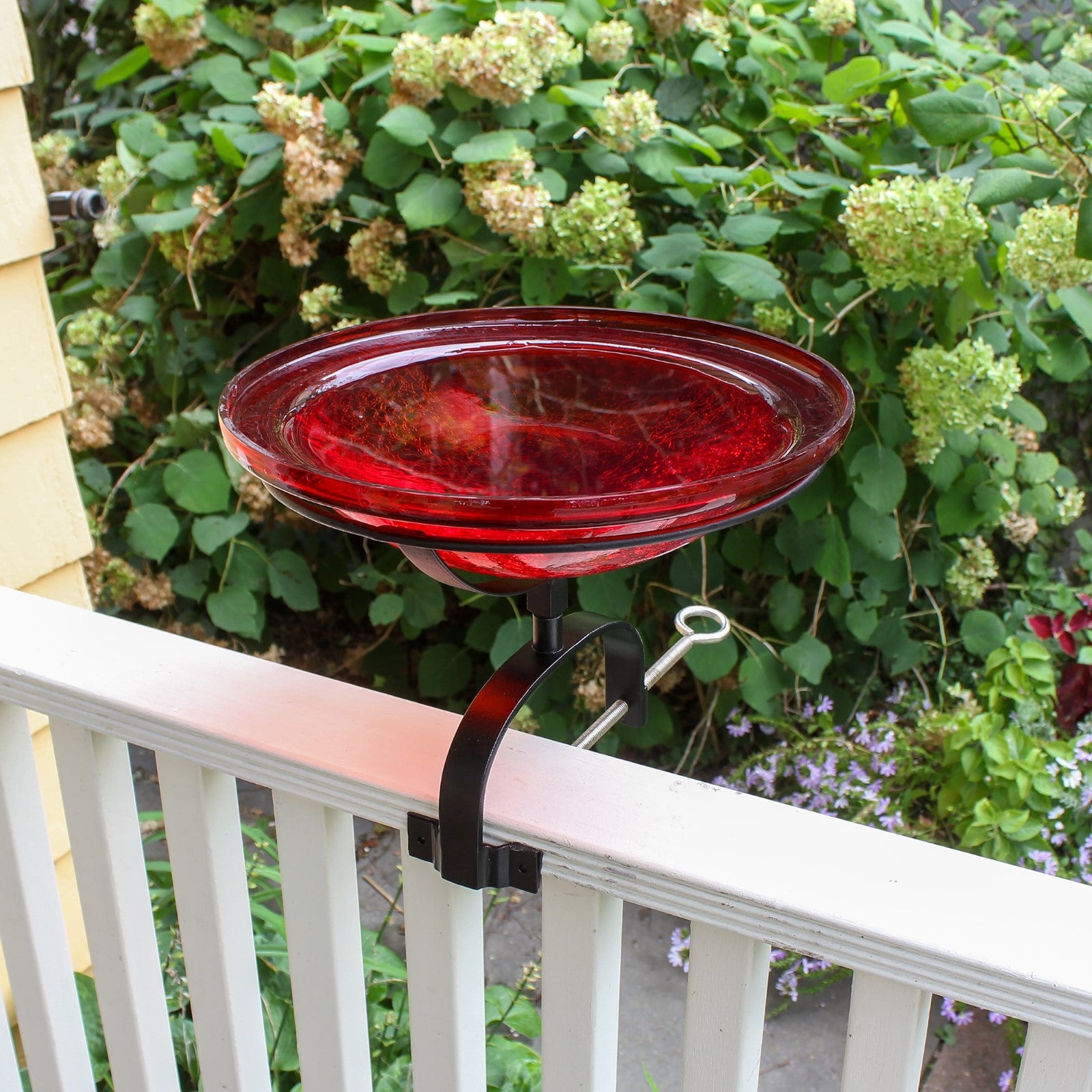 ACHLA Crackle Glass Birdbath with Over Rail Bracket | Hand-Blown Red Glass and Black Wrought Iron | Deck, Balcony & Patio Bird | Model CGB-09R-OR2