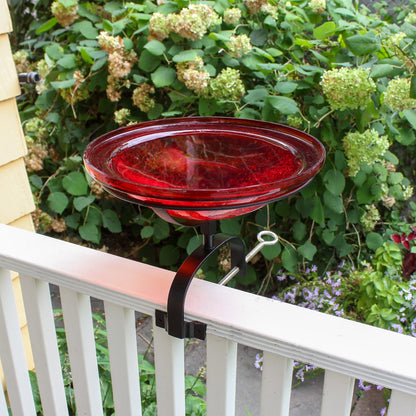 ACHLA Crackle Glass Birdbath with Over Rail Bracket | Hand-Blown Red Glass and Black Wrought Iron | Deck, Balcony & Patio Bird | Model CGB-09R-OR2