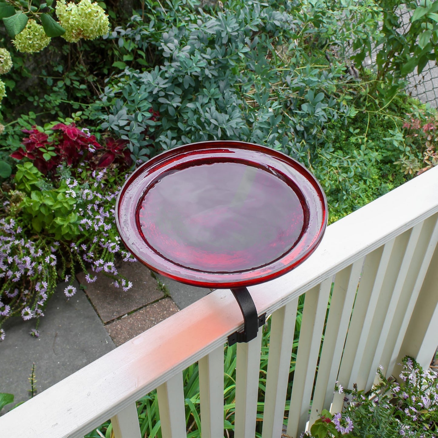 ACHLA Crackle Glass Birdbath with Over Rail Bracket | Hand-Blown Red Glass and Black Wrought Iron | Deck, Balcony & Patio Bird | Model CGB-09R-OR2