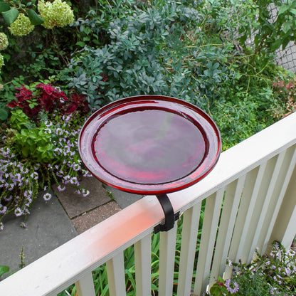 ACHLA Crackle Glass Birdbath with Over Rail Bracket | Hand-Blown Red Glass and Black Wrought Iron | Deck, Balcony & Patio Bird | Model CGB-09R-OR2