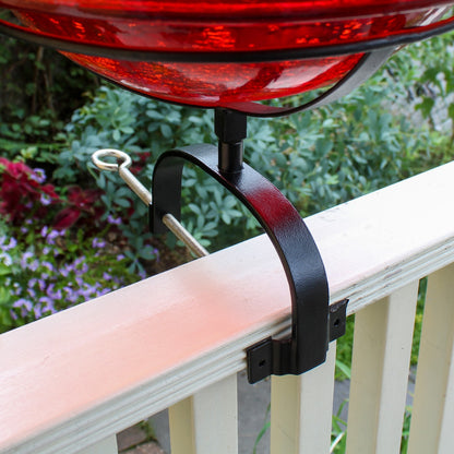 ACHLA Crackle Glass Birdbath with Over Rail Bracket | Hand-Blown Red Glass and Black Wrought Iron | Deck, Balcony & Patio Bird | Model CGB-09R-OR2