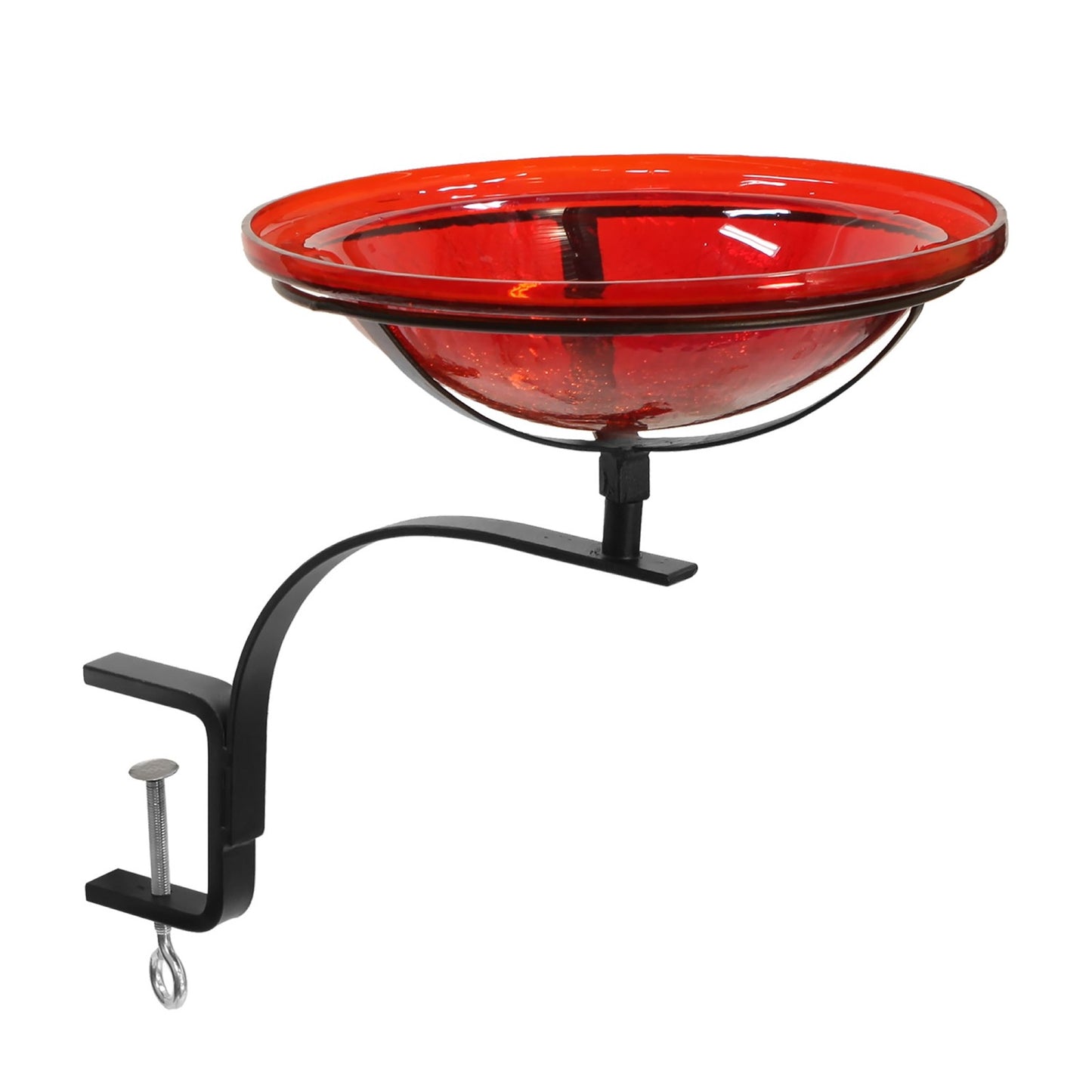 ACHLA 12in Crackle Glass Birdbath | Red Hand-Blown Glass Bowl on Black Wrought Iron Rail Bracket | Deck, Porch & Balcony | Model CGB-09R-RM