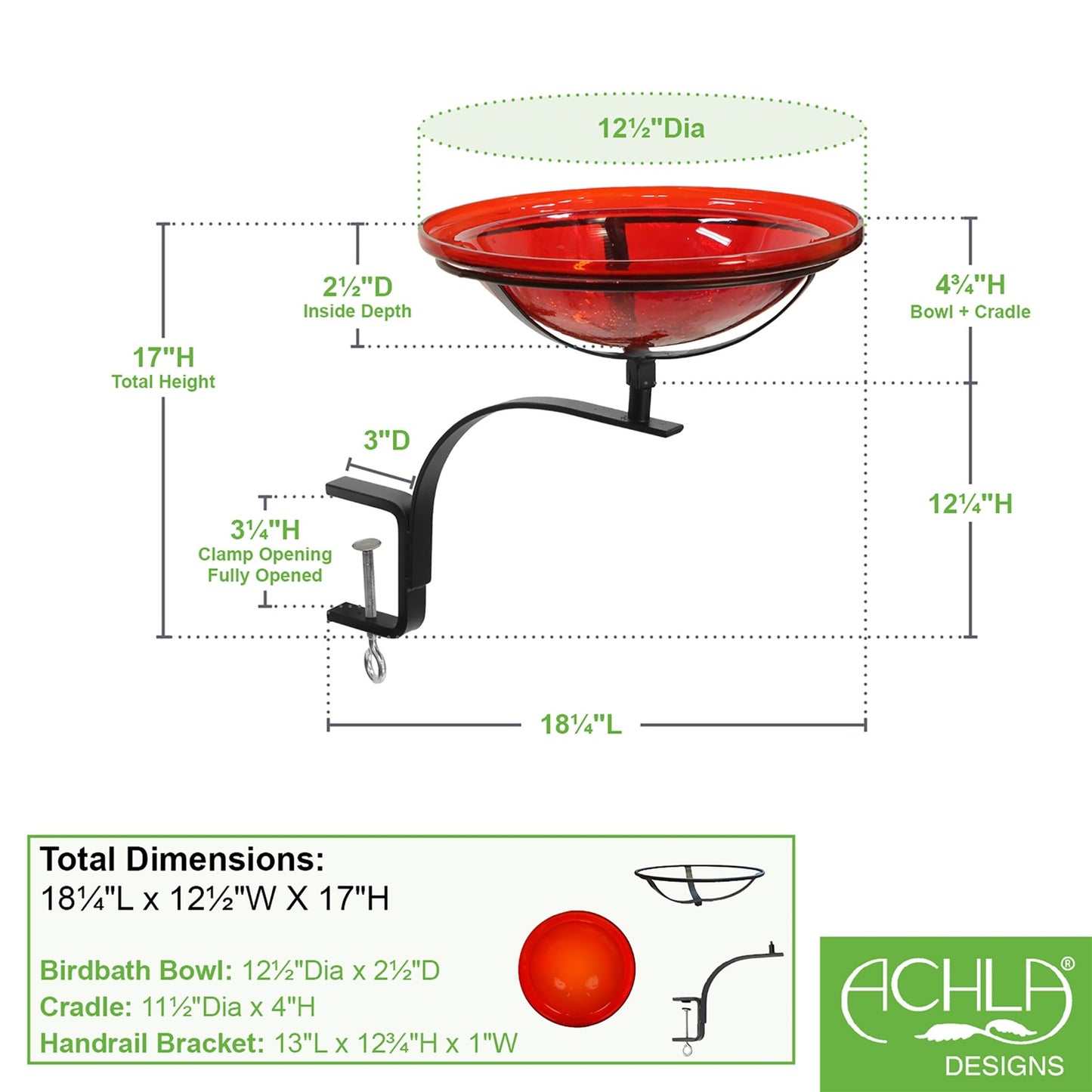 ACHLA 12in Crackle Glass Birdbath | Red Hand-Blown Glass Bowl on Black Wrought Iron Rail Bracket | Deck, Porch & Balcony | Model CGB-09R-RM